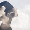 Multiple exposure clouds Woman mental health and weather dependent concept.